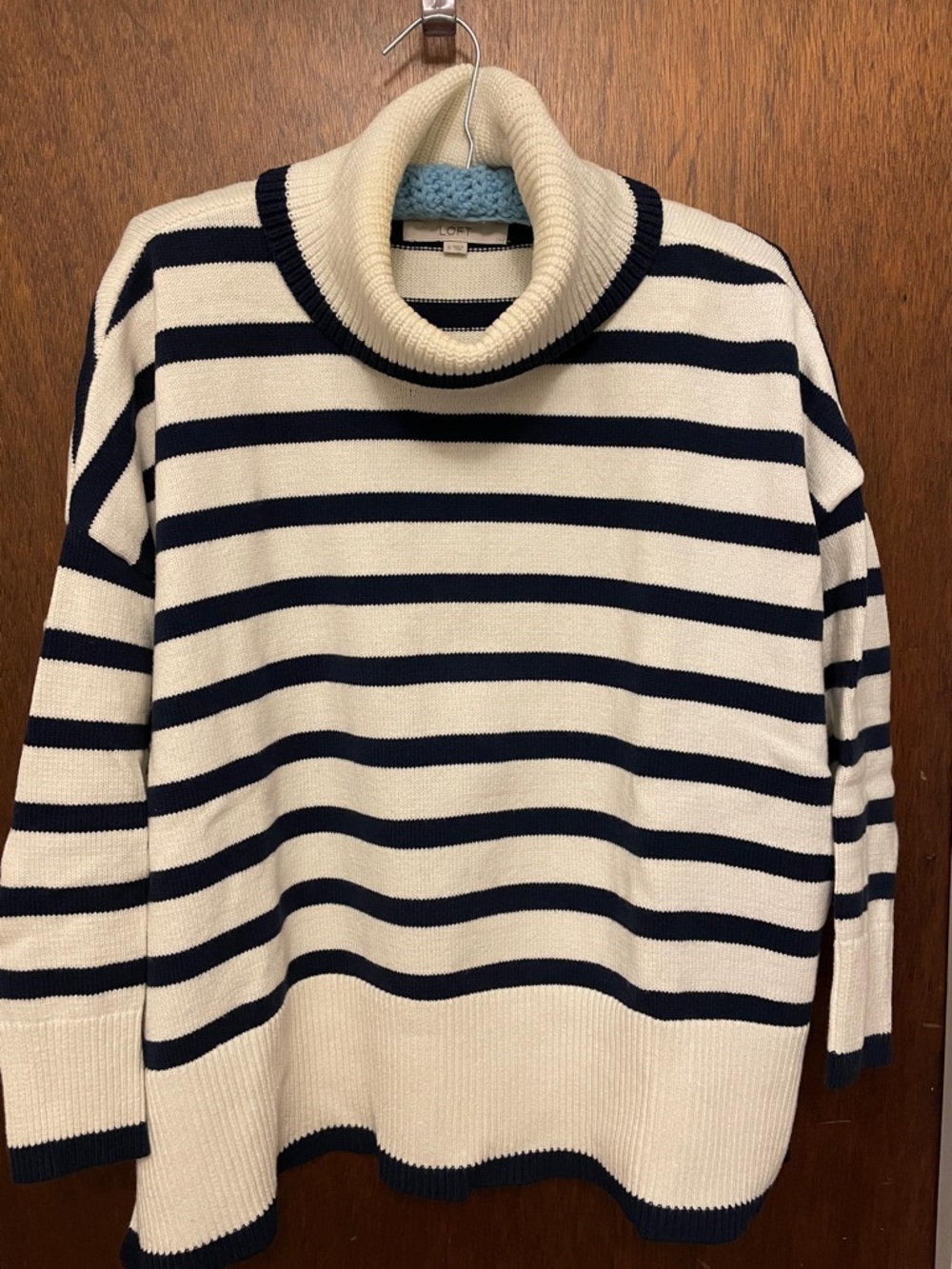 LOFT Cream and Navy Striped Turtleneck Sweater